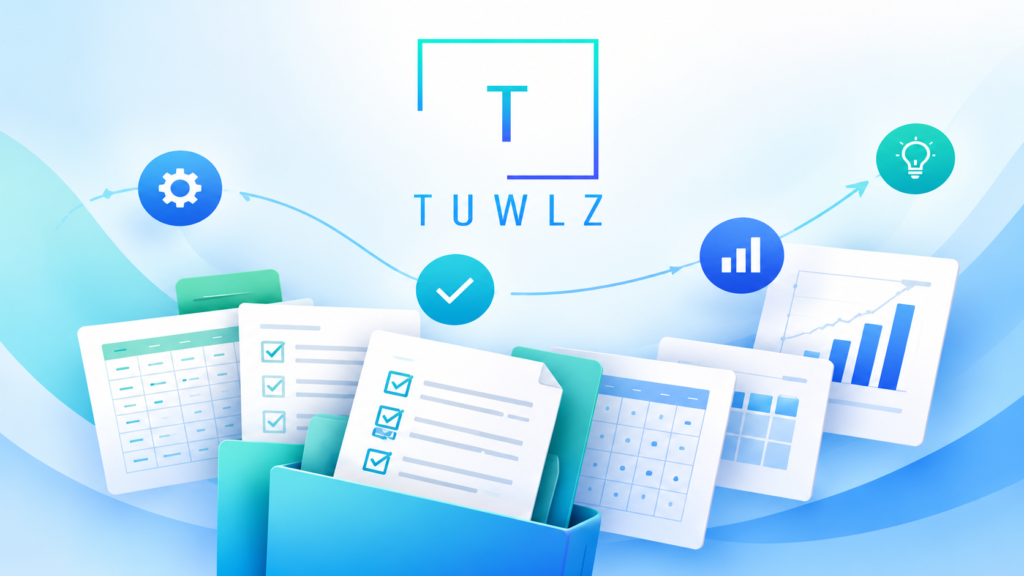 About Tuwlz: Business productivity illustration featuring digital templates, workflow checklists, organized documents, performance dashboards, and growth charts representing efficient business operations.