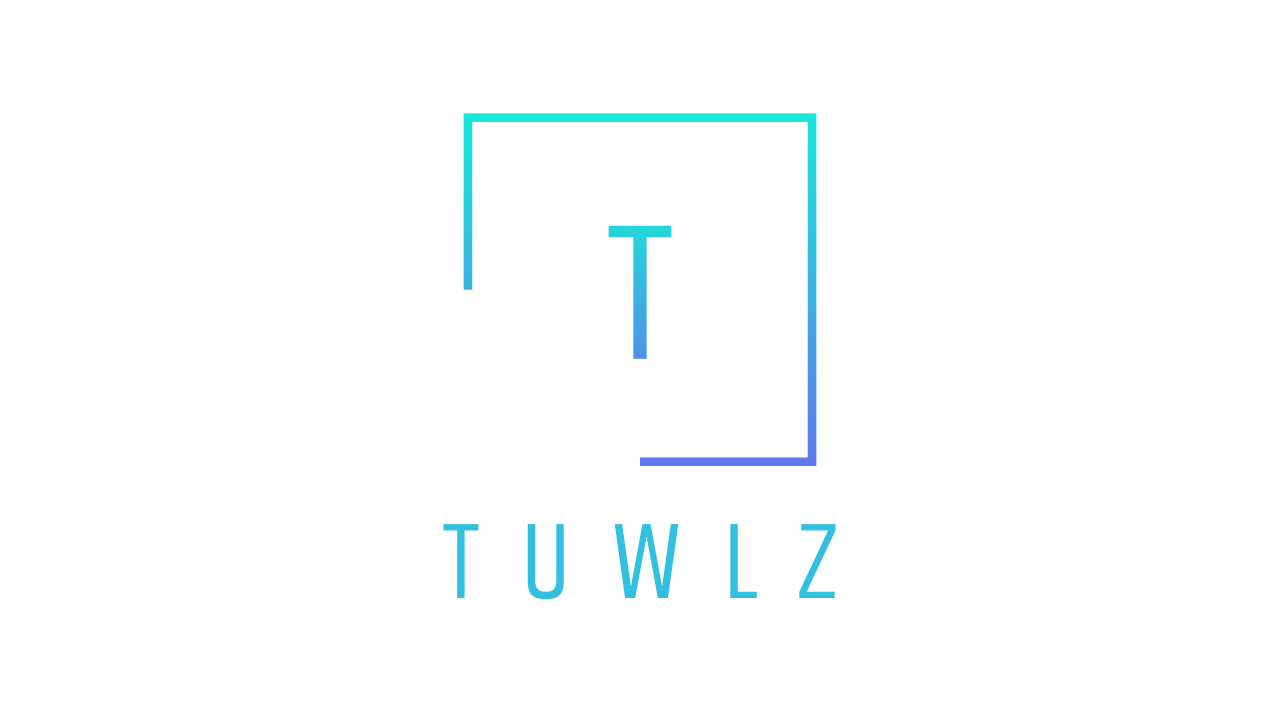 Tuwlz official brand logo featuring a minimalist geometric letter T inside a square outline, with a turquoise-to-blue gradient. The brand name TUWLZ appears below in uppercase letters against a solid black background.